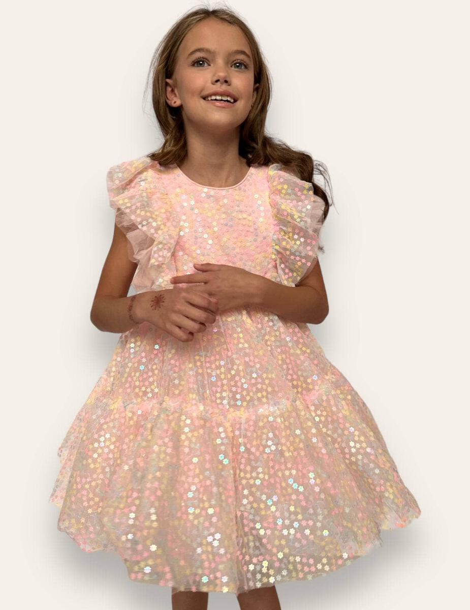 SEQUIN DAISY RUFFLE TULLE DRESS