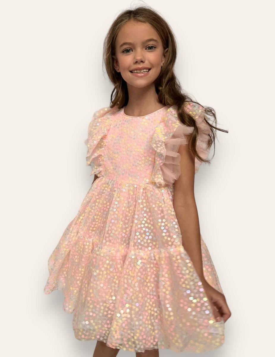 SEQUIN DAISY RUFFLE TULLE DRESS