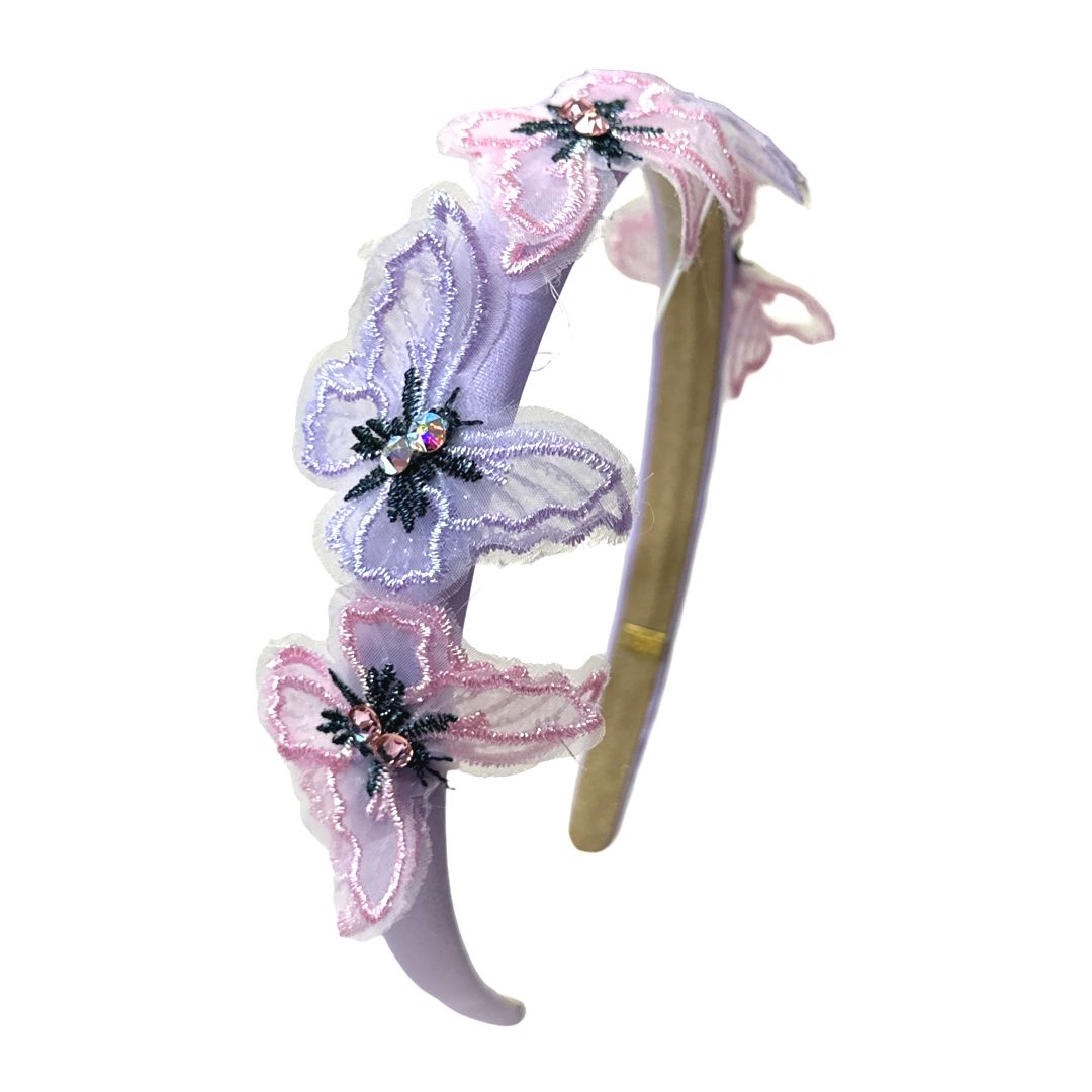 CRISTALLIZED CHIFFON BUTTERFLY ON THIN SATIN HEADBAND