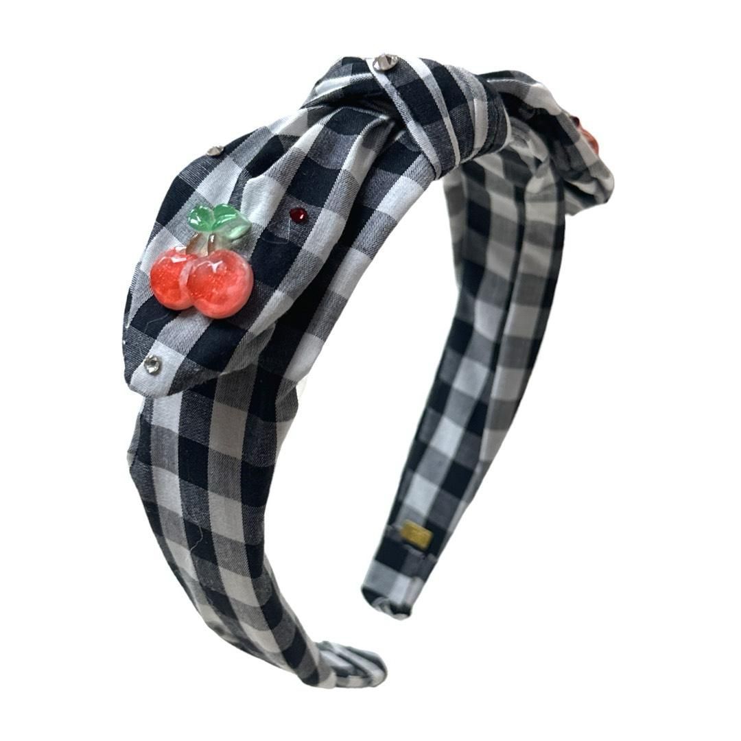 GINGHAM TIE BOW KNOT WITH CHERRY CHARMS AND CRYSTALS