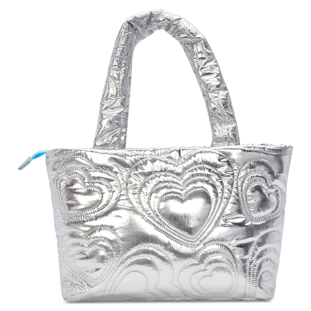 SILVER SHINING HEART PUFFY OVERNIGHT BAG