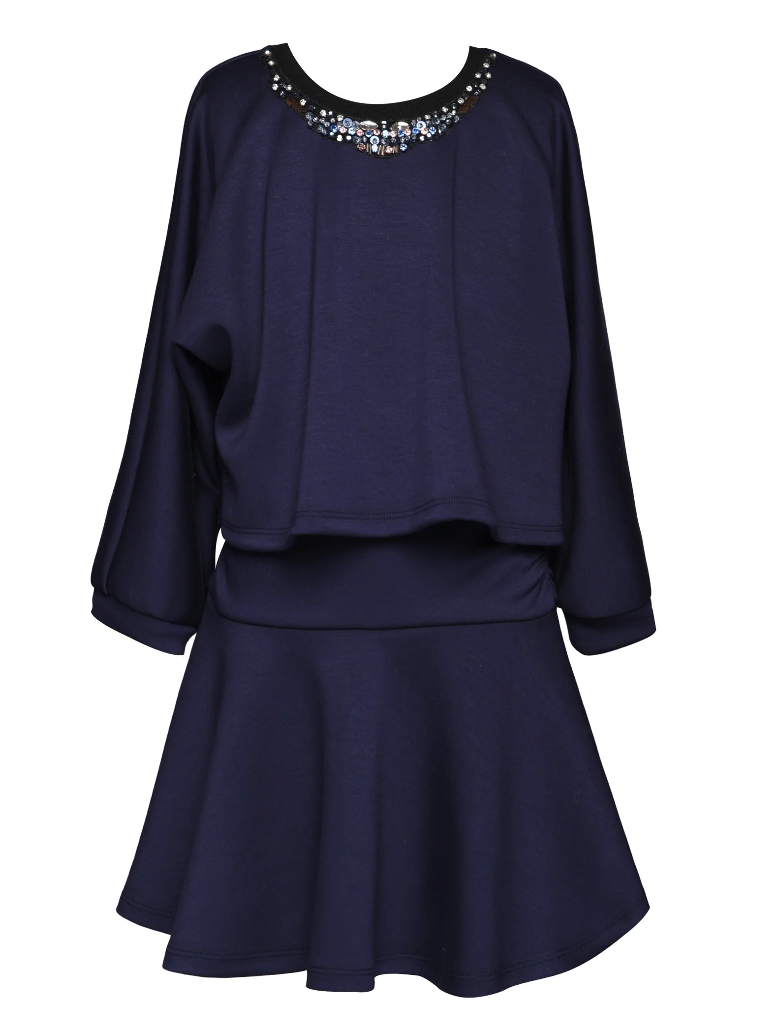 SCUBA TWOFER DRESS W/ EMBELLISHED NECKLINE