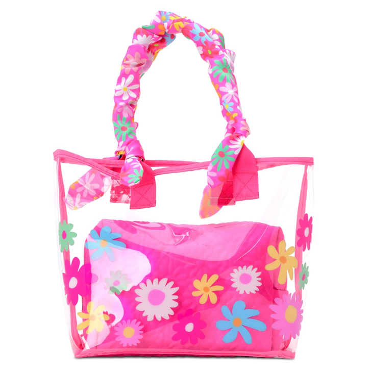 PUFFY FLOWERS CLEAR TOTE AND COSMETIC BAG