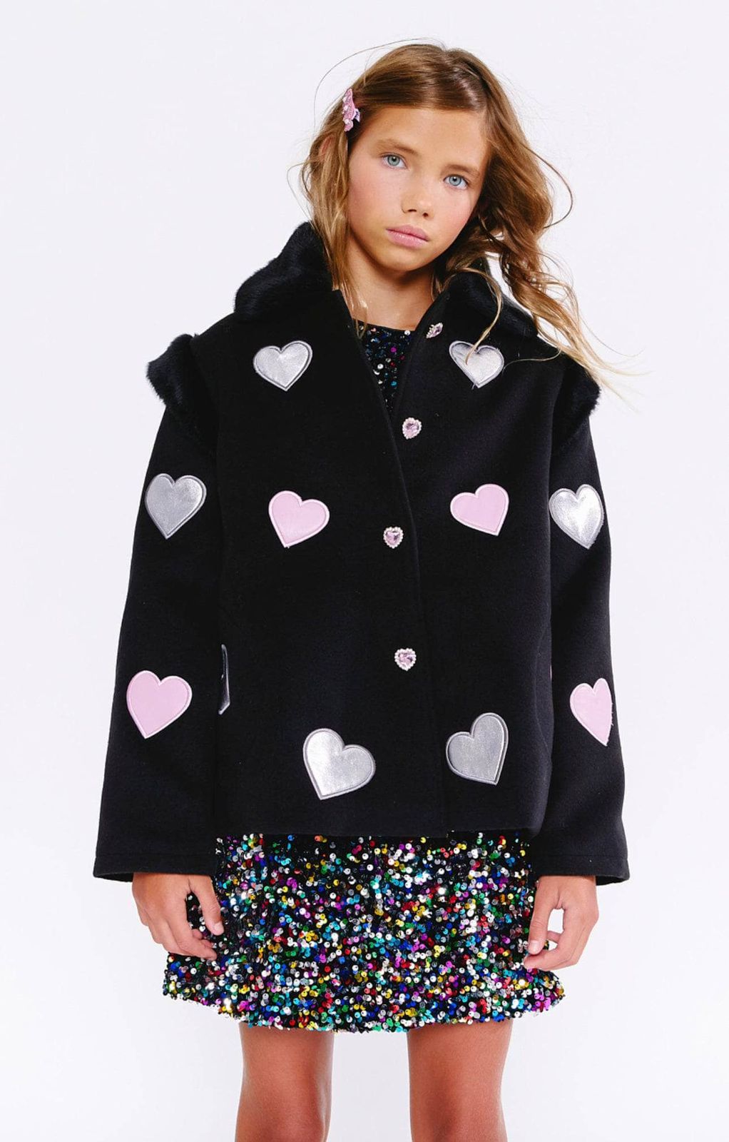 PATCH HEARTS FUR COLLAR JACKET