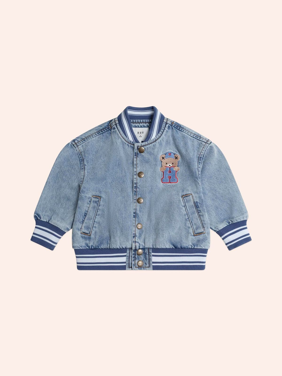 DREAMY DENIM VARSITY BOMBER
