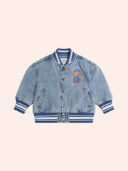 DREAMY DENIM VARSITY BOMBER