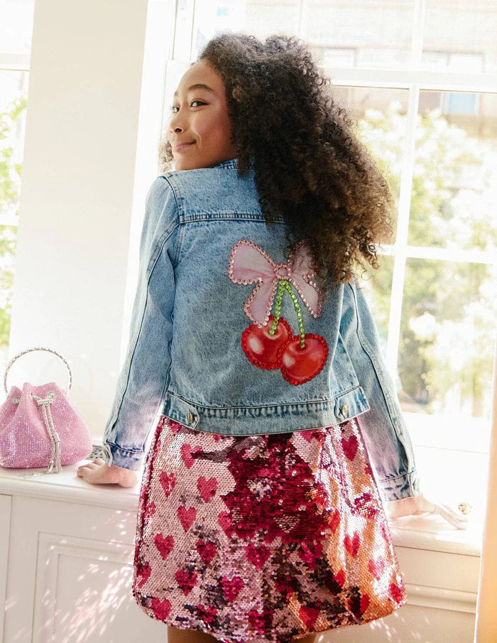 CRYSTAL CHERRY BOW DENIM JACKET
