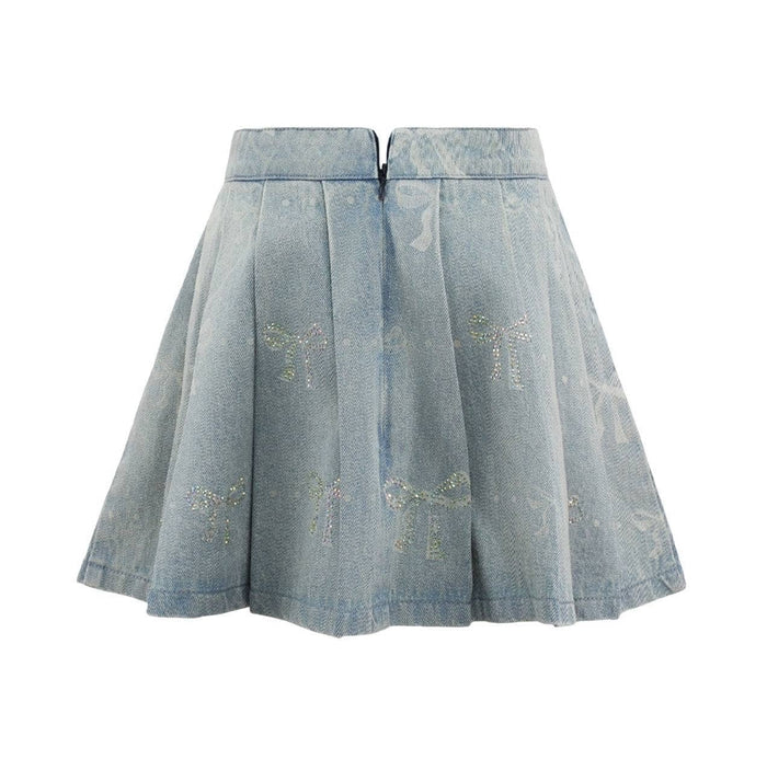 SPARKLE BOWS DENIM PLEATED SKIRT