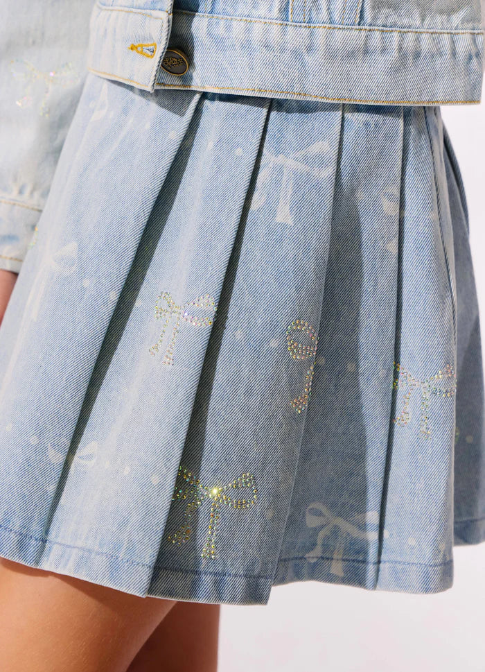 SPARKLE BOWS DENIM PLEATED SKIRT