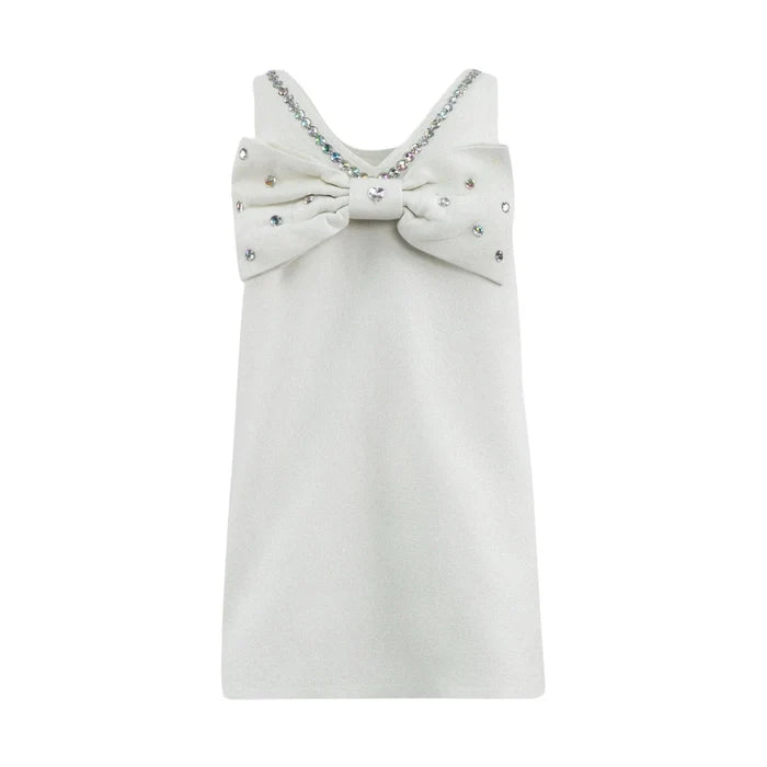 WHITE CRYSTAL HEART DENIM BOW DRESS