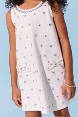 WHITE CRYSTAL HEART DENIM BOW DRESS