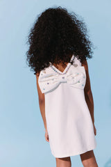 WHITE CRYSTAL HEART DENIM BOW DRESS