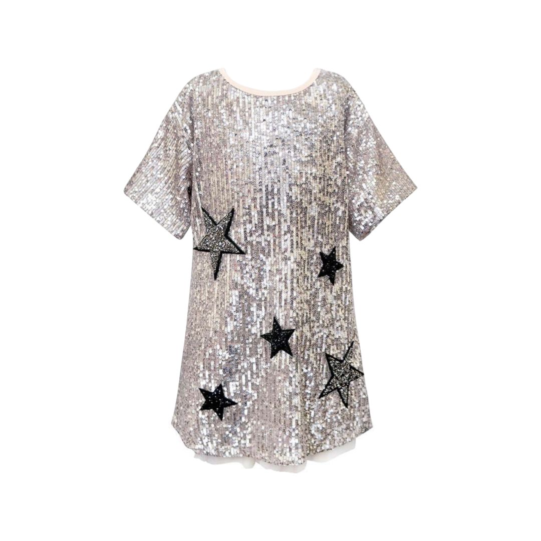 SEQUIN A-LINE DRESS W/STAR PATCHES