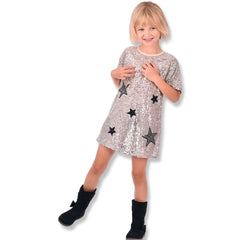 SEQUIN A-LINE DRESS W/STAR PATCHES