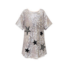 SEQUIN A-LINE DRESS W/STAR PATCHES