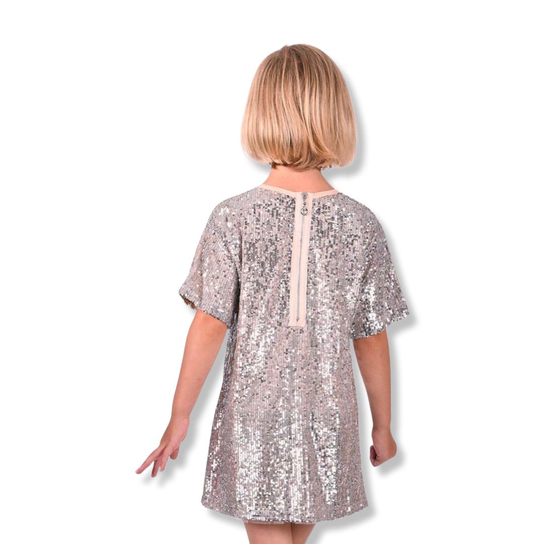 SEQUIN A-LINE DRESS W/STAR PATCHES